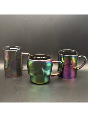 Starbucks Oil Slick Mugs Lot 3 - Skull 14oz Siren 12oz Halloween 2020 2023